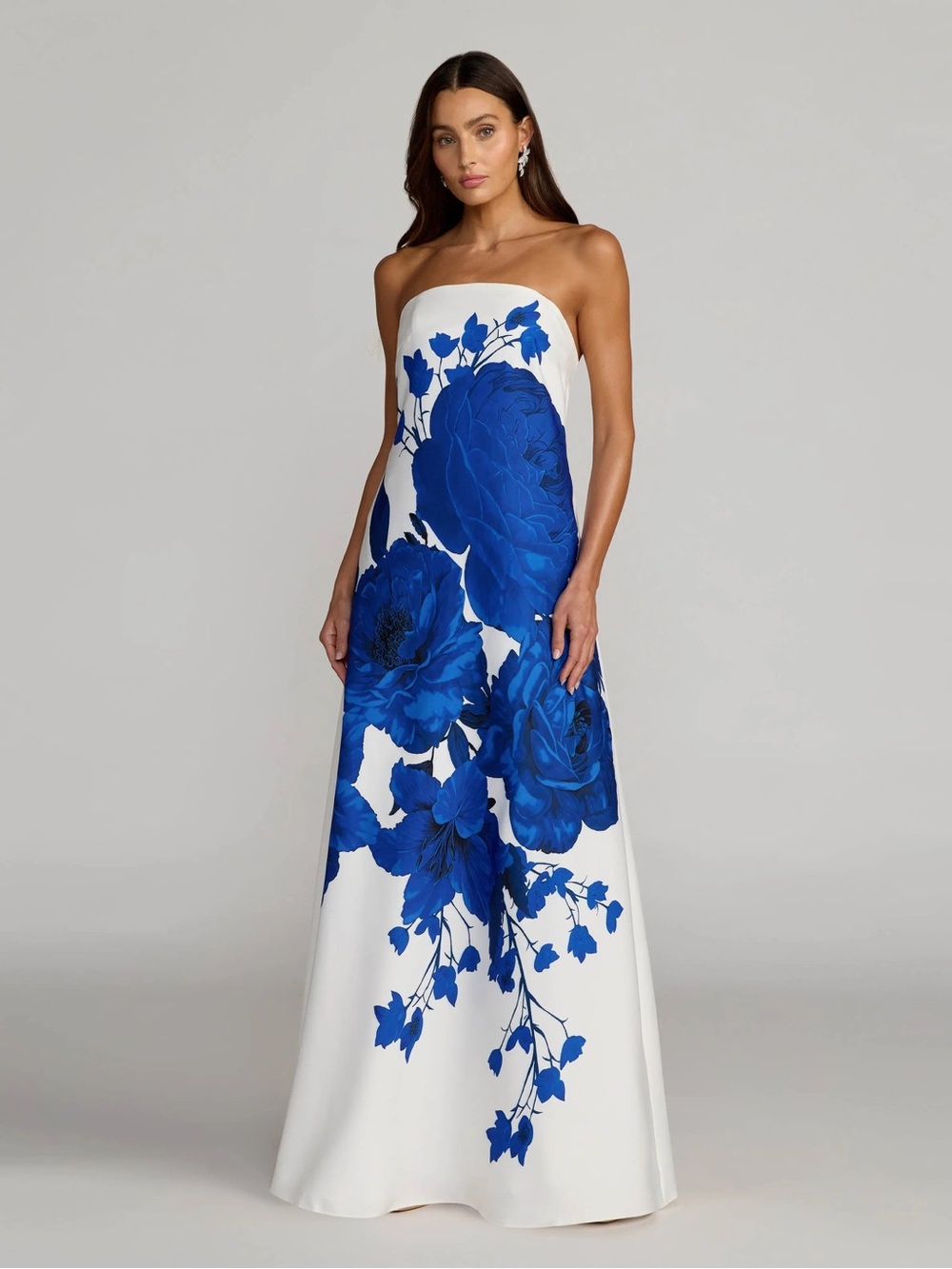 Mac Duggal Strapless White Gown with Vibrant Royal Blue Floral Print
